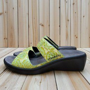 Mephisto Mobils Women's Slide Sandals Size 40 (US 10) Green Slip-On Roses Wedge